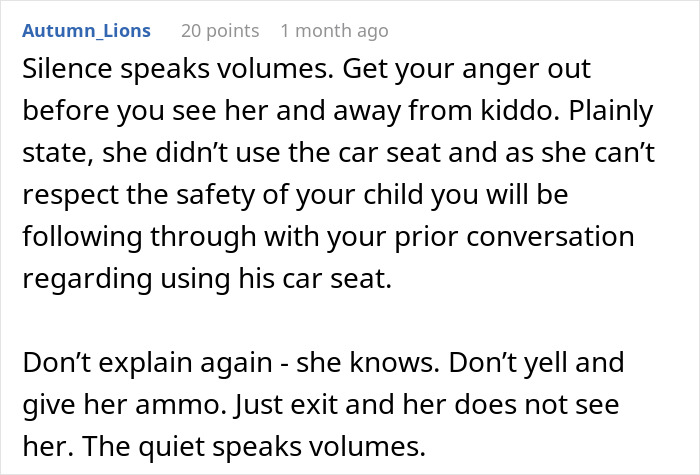 Text discussing consequences for grandma ignoring car seat use, emphasizing child's safety and communication strategy.