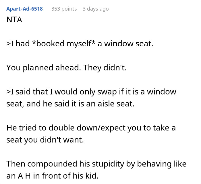 Reddit post discussing refusal to swap a window seat for an aisle seat so a dad and son can sit together. Reddit post discussing refusal to swap a window seat for an aisle seat so a dad and son can sit together.
