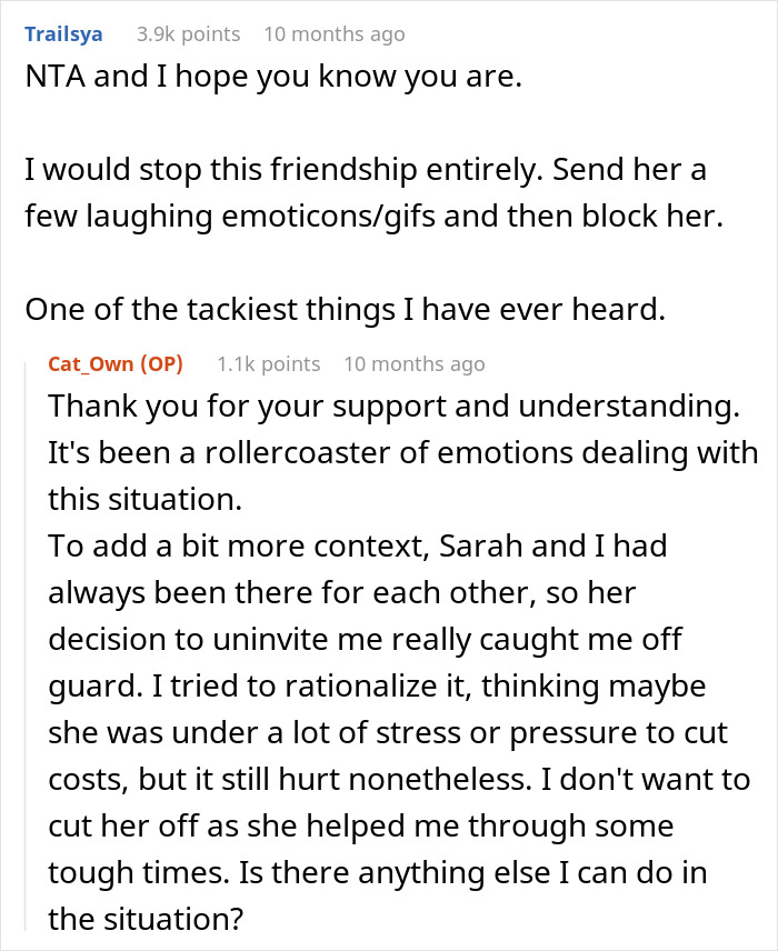 Reddit conversation about refusing to pay for a friend's wedding after being uninvited.