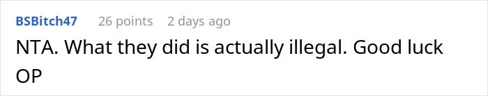 &ldquo;NTA comment on forum, discussing legality and support for original poster.&rdquo;