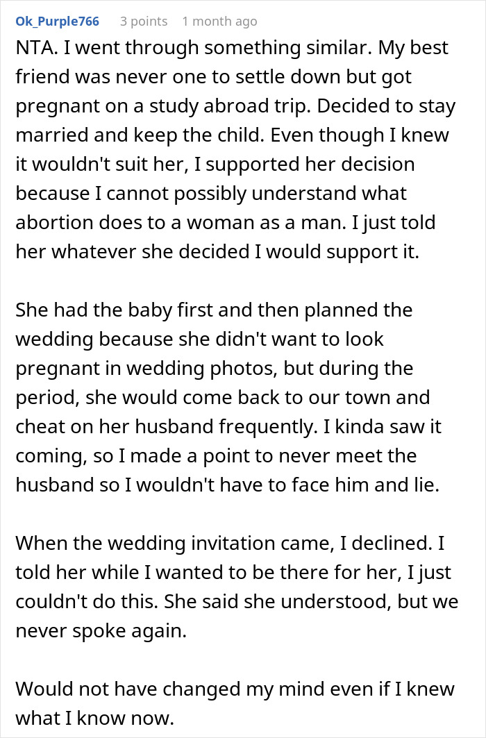 Text conversation about a woman refusing to be in best friend&rsquo;s wedding after affair confession.