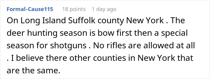 Text discussing deer hunting rules on Long Island, Suffolk County, New York, banning rifles and specifying bow and shotgun seasons.