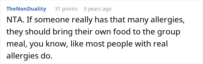 Text comment on allergies suggesting bringing own food to group meals. Text comment on allergies suggesting bringing own food to group meals.