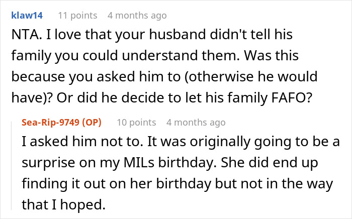 Reddit comments about a Canadian woman's reaction to her husband's German-speaking family. Reddit comments about a Canadian woman's reaction to her husband's German-speaking family.