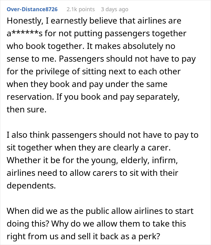Text discussing airlines not seating passengers together without extra charge. Text discussing airlines not seating passengers together without extra charge.