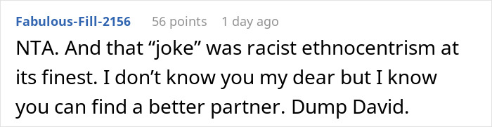 Comment discussing a woman's comeback to a racist joke about her upbringing, advising her to find a better partner. Comment discussing a woman's comeback to a racist joke about her upbringing, advising her to find a better partner.