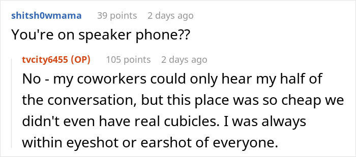 Text exchange about speakerphone use in a workplace lacking real cubicles.