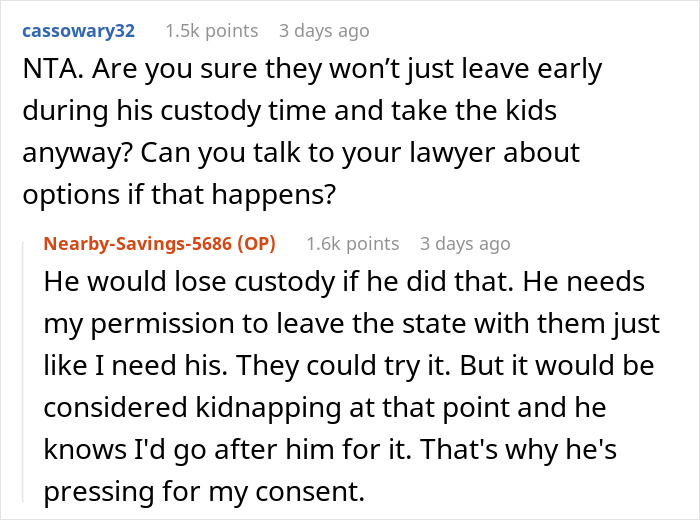 Reddit discussion about custody issues and leaving the state with kids without consent.