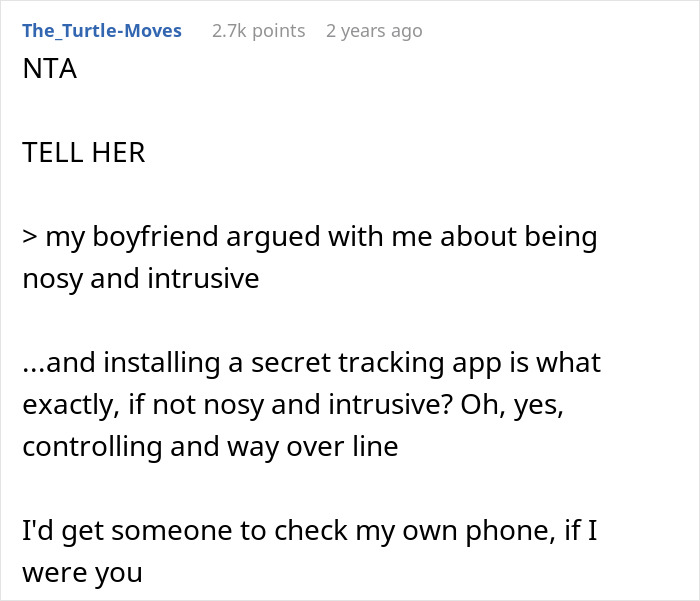 Reddit comment criticizing nosy behavior and secret tracking, with emphasis on boundaries. Reddit comment criticizing nosy behavior and secret tracking, with emphasis on boundaries.