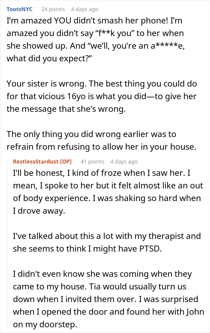 A Reddit conversation discussing a teen's issue with a dad's ex-girlfriend and their interactions.