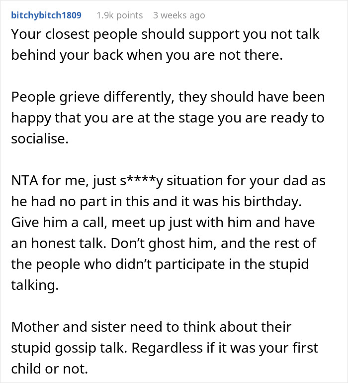 Text from a comment discussing support and the importance of not gossiping, related to a miscarriage situation. Text from a comment discussing support and the importance of not gossiping, related to a miscarriage situation.