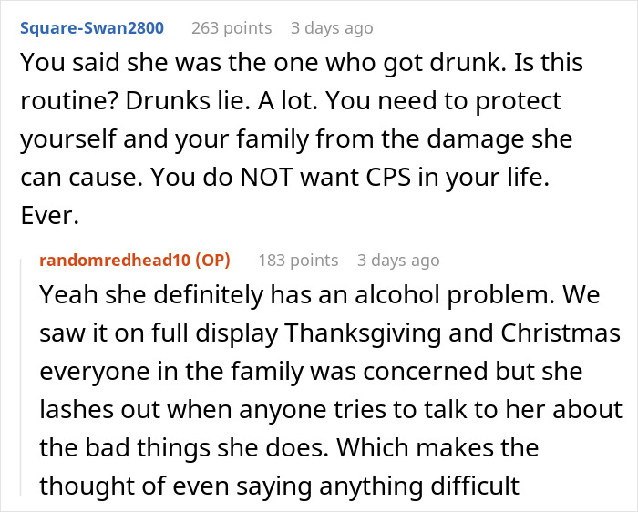 Reddit thread discussing a family betrayal involving CPS and alcohol issues.