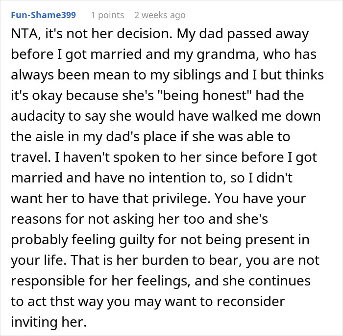 Text response to a question about a mom not walking her child down the aisle.