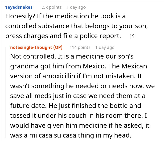 Two comments discussing a friend staying with a family, taking medication, and leaving a mess.