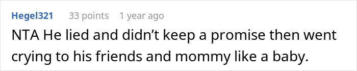 Reddit comment discussing a boyfriend lying about birthday perfume, calling him childish.