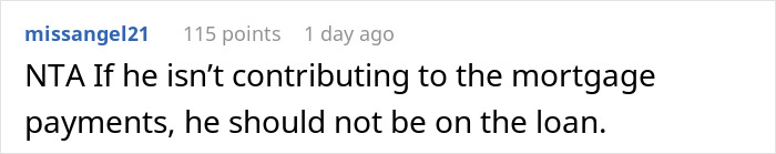 Text comment discussing boyfriend upset over mortgage contributions. Text comment discussing boyfriend upset over mortgage contributions.