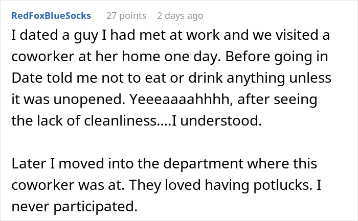 Text about a potluck experience highlighting cleanliness concerns and reluctance to participate in future potlucks.