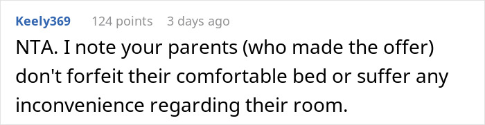 Comment discussing parents asking 16YO to sleep in cold basement while relatives stay in his room.