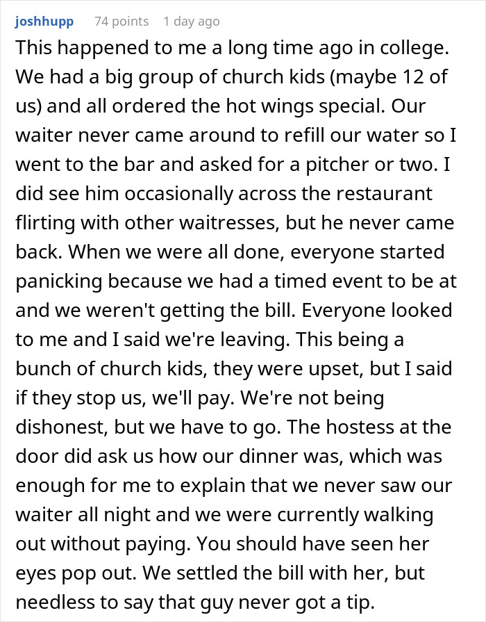Text story of a group left unattended by staff at a restaurant, resulting in no tip. Text story of a group left unattended by staff at a restaurant, resulting in no tip.