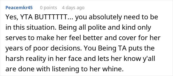 Comment discussing the situation between sisters, addressing frustration and decisions.