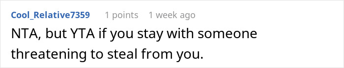 Reddit comment discussing a woman refusing to fund her boyfriend's research. Reddit comment discussing a woman refusing to fund her boyfriend's research.