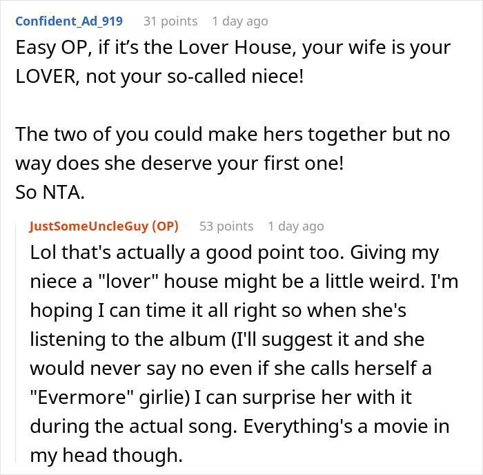 Reddit comments discussing a famous house replica and its intended recipient. Reddit comments discussing a famous house replica and its intended recipient.
