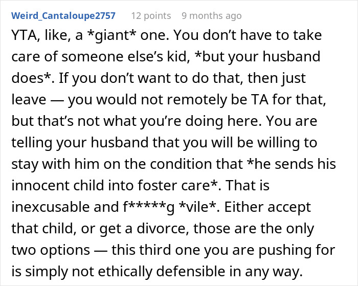 Reddit comment discussing a man's choice between divorce or custody of his affair child.