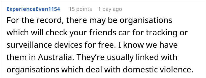 Comment discussing organizations that help check cars for surveillance devices. Comment discussing organizations that help check cars for surveillance devices.
