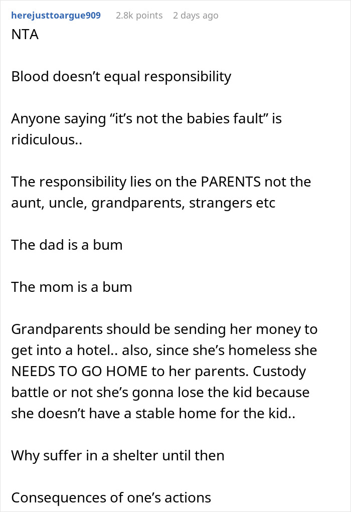 Reddit comment discussing responsibility and consequences of homelessness. Reddit comment discussing responsibility and consequences of homelessness.