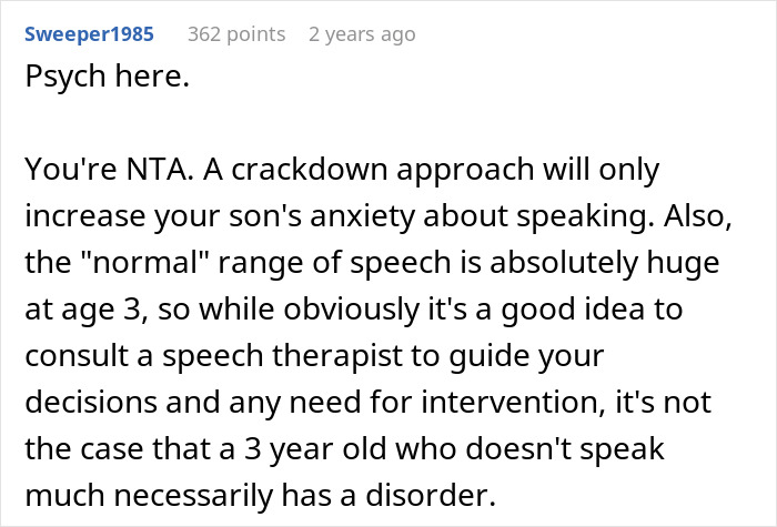 Text comment discussing a non-talkative 3-year-old, suggesting that a crackdown approach is not helpful. Text comment discussing a non-talkative 3-year-old, suggesting that a crackdown approach is not helpful.