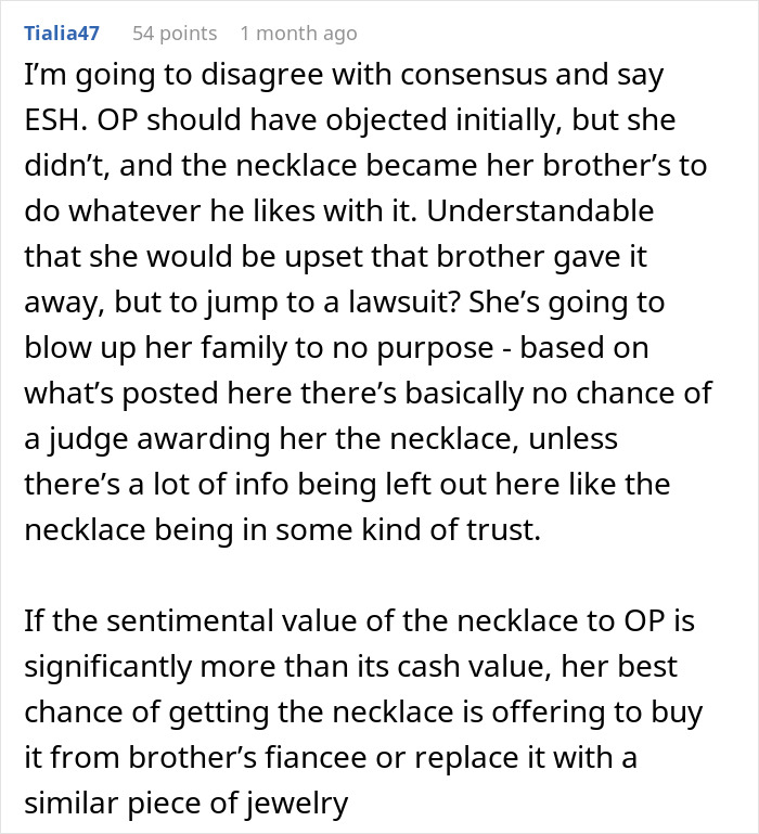 Text comment discussing family feud over heirloom and legal actions.