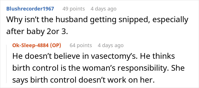 Comment exchange about husband avoiding vasectomy while discussing birth control responsibilities.