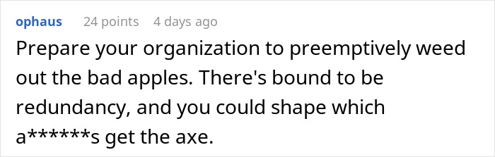 Text comment about organizational redundancy and shaping outcomes, likely discussing a workplace scenario.
