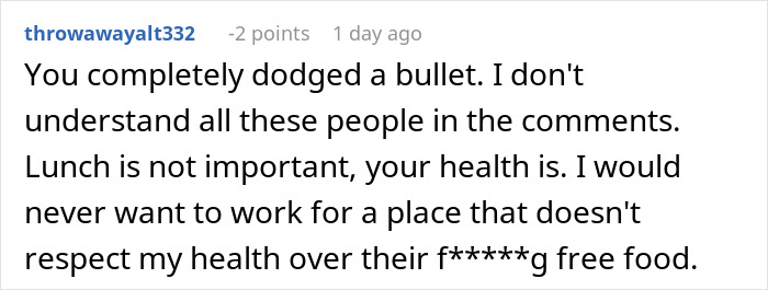 Comment critical of company prioritizing free food over employee health.