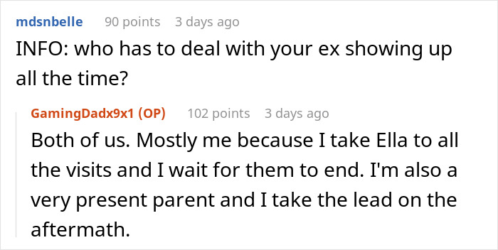 Reddit conversation about a dad handling ex's visits, focusing on his daughter&rsquo;s safety, health, and happiness.