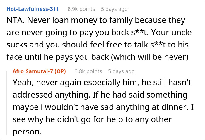 Person Confronts Uncle Over Unpaid Debt At Family Dinner, Celebration Turns Into Shock Person Confronts Uncle Over Unpaid Debt At Family Dinner, Celebration Turns Into Shock