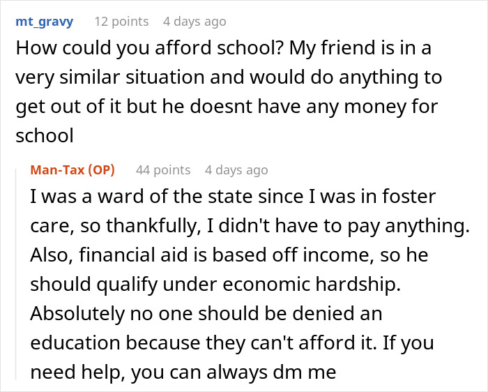 Reddit conversation about overcoming financial hardship to afford education, highlighting the journey from homelessness.