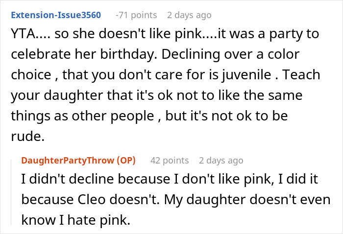 Text exchange about a pink-themed party planned for a child who dislikes pink, highlighting mixed opinions.