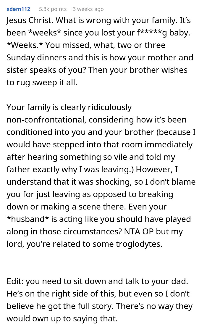 Reddit comment discussing a pregnant woman making a mean comment about her sister's miscarriage. Reddit comment discussing a pregnant woman making a mean comment about her sister's miscarriage.