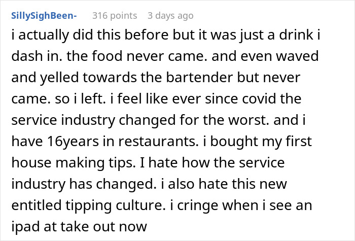 Text detailing a person's experience with poor restaurant service and leaving without paying.