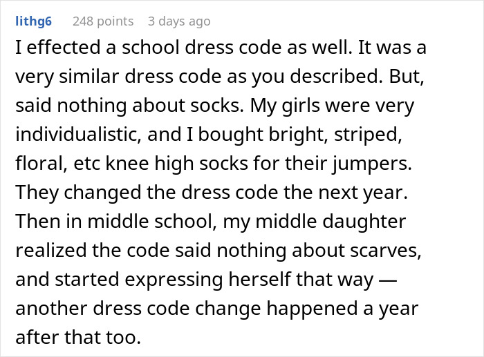 Comment about mom using school dress code loophole with socks and scarves. Comment about mom using school dress code loophole with socks and scarves.