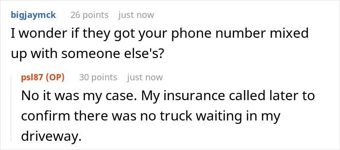 Comment exchange about towing company confusion and insurance confirmation. Comment exchange about towing company confusion and insurance confirmation.