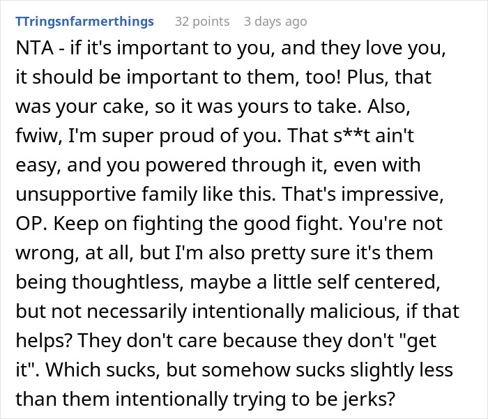 Sobriety milestone comment supporting woman's achievement despite unsupportive family. Sobriety milestone comment supporting woman's achievement despite unsupportive family.