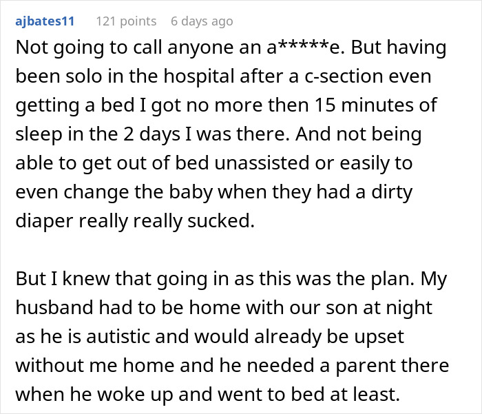 A Reddit post discussing solo hospital experience after a C-section and challenges without spousal support.