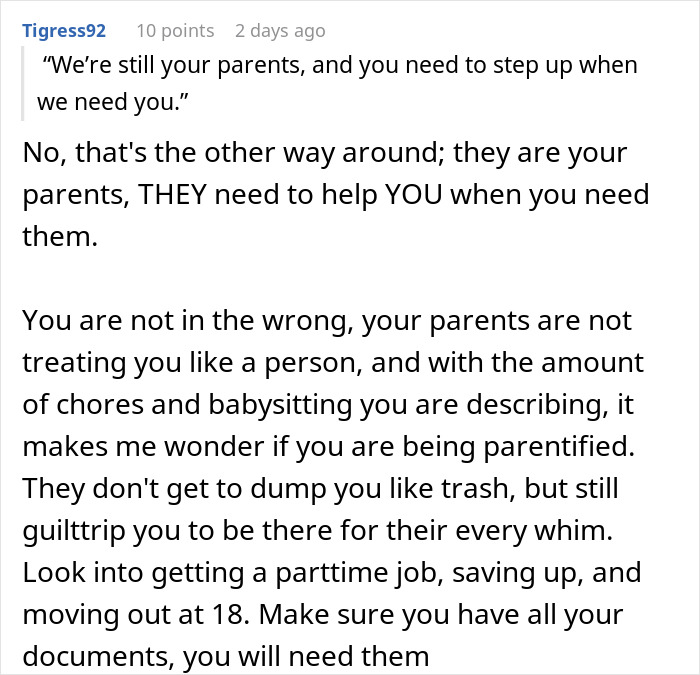 Reddit comment discussing a conflict with parents about responsibilities and moving out.
