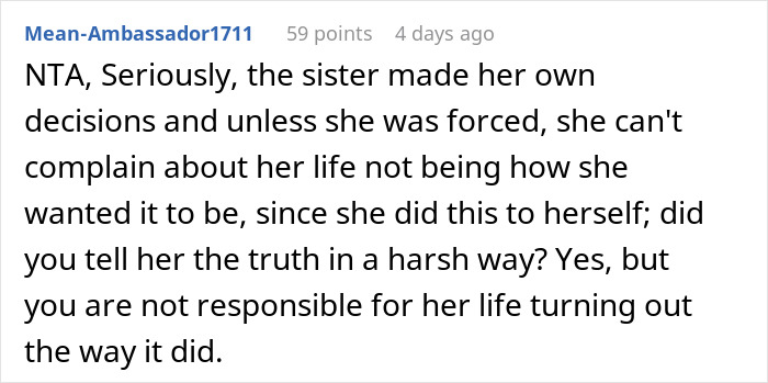 Comment discussing responsibility and decision-making in parenting, referencing sister and mom of five.