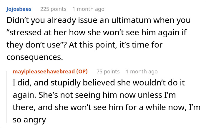 Reddit conversation about grandma ignoring car seat, consequences discussed.