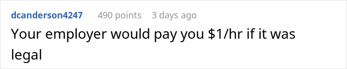Text comment about employer paying $1/hour if legal, criticizing work conditions. Text comment about employer paying $1/hour if legal, criticizing work conditions.