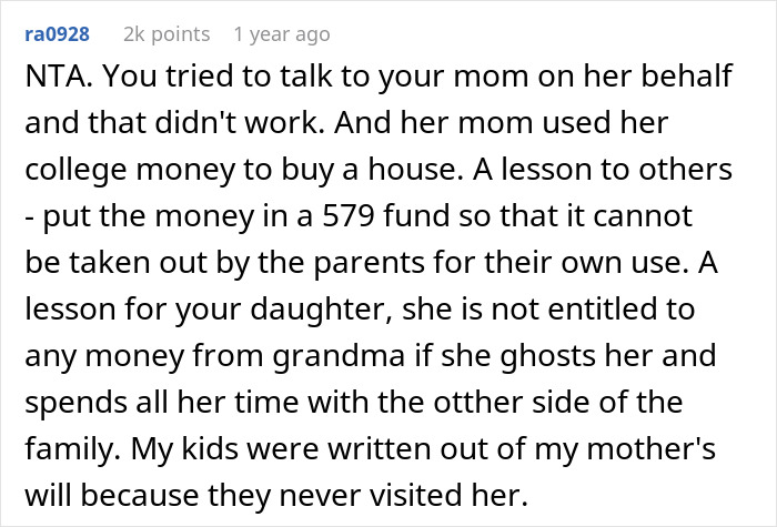 Reddit comment discussing family prioritization and college tuition withdrawal issues. Reddit comment discussing family prioritization and college tuition withdrawal issues.