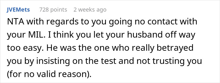 Comment discussing husband's betrayal over paternity test pushed by MIL, suggesting lack of trust in relationship.